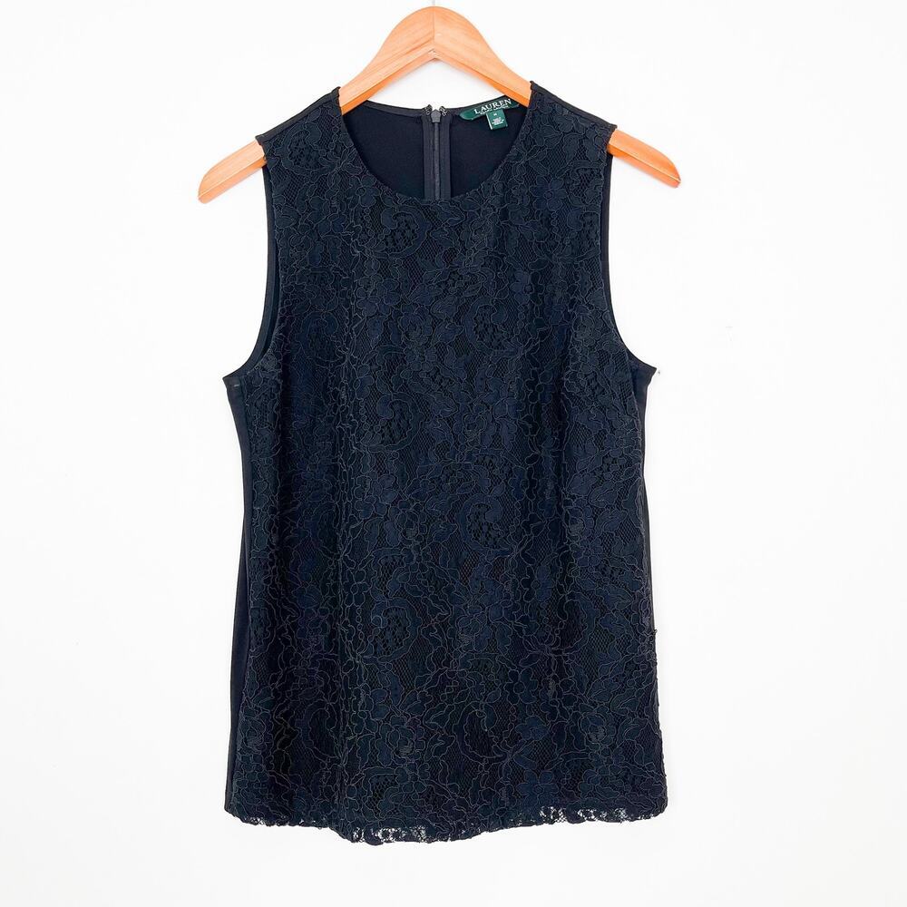 Lauren Ralph Lauren Black Lace Sleeveless Top Sz M‎ Classic Basic